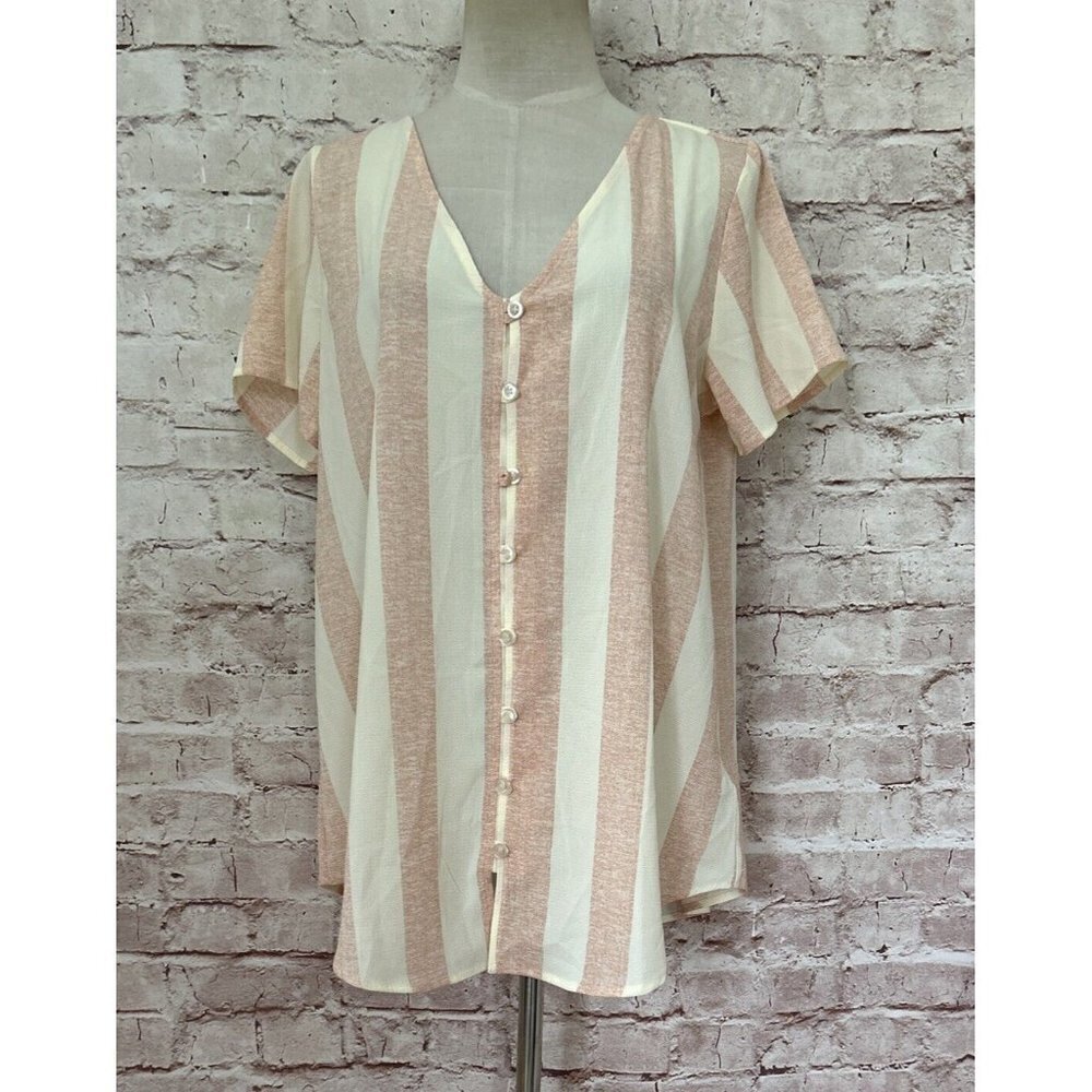 LuLaRoe Shannah S Button Up Tunic Blouse Loose Fit Beach Ball Stripe Pink Ivory